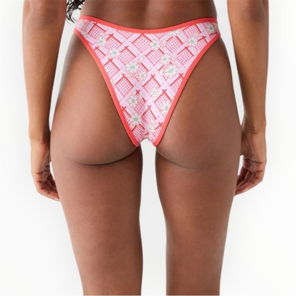 New with Tags Pink Floral Grid Bikini Bottom with Red Trim